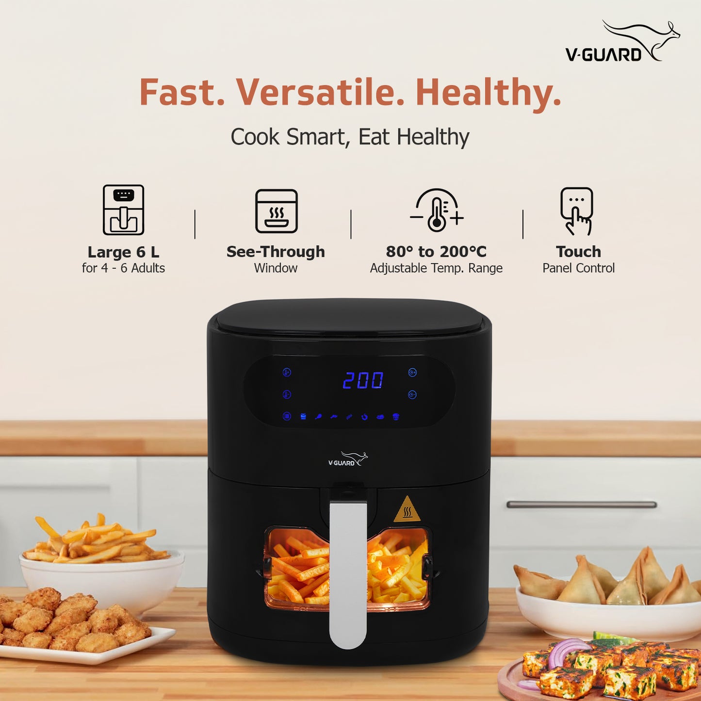 V-Guard Crispair 6.0 DG Air Fryer with See-Through Window (New Launch) | 6 L Capacity for 4-6 People | 2 Year Coverage by V-Guard | Healthy Cooking with up to 90% Less Oil | Touch Panel Control & Digital Display