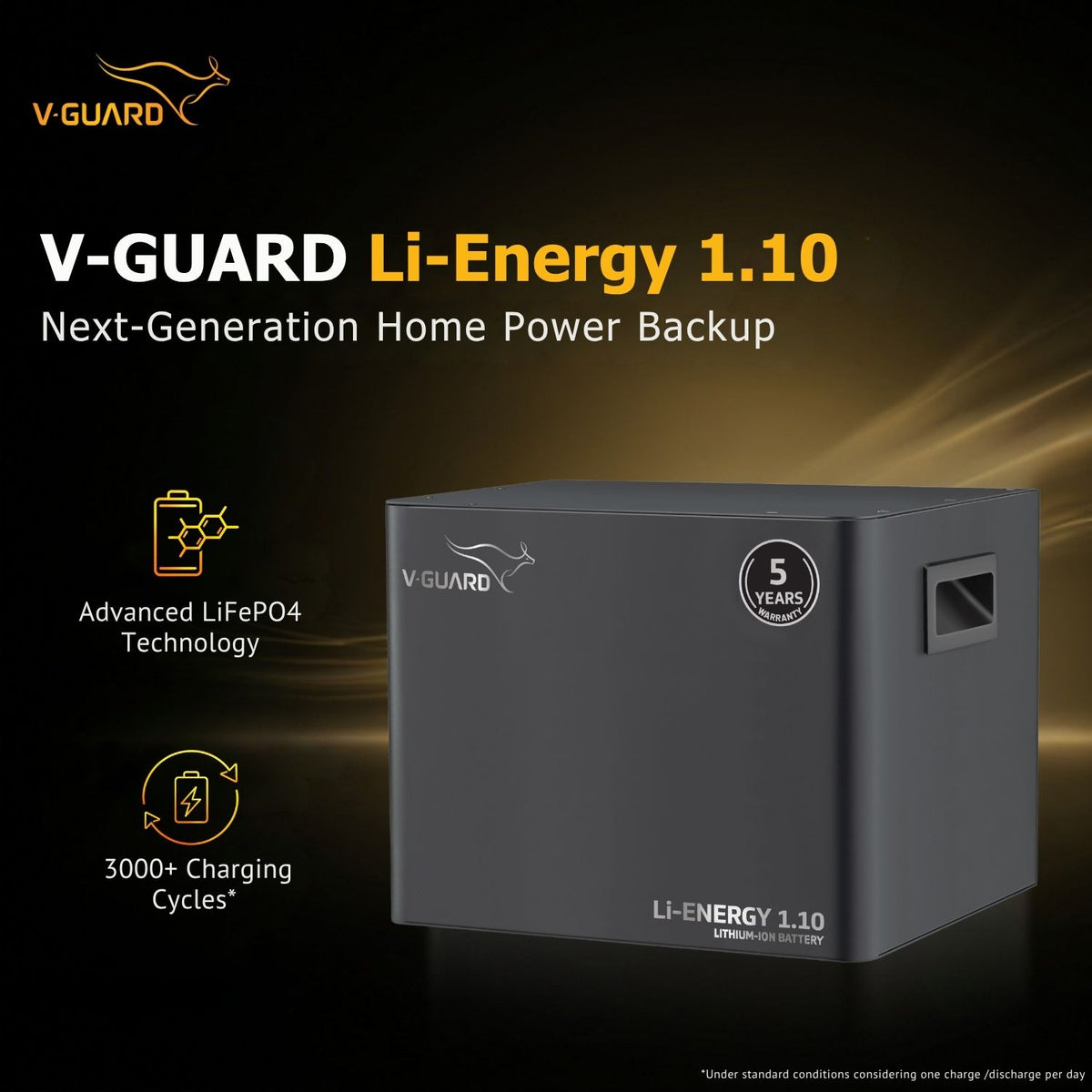 V-Guard Li-Energy 1.10 12.8V /100 Ah Lithium-Ion Battery for home, shops and offices| 1.28kWh Energy | Inbuilt BMS for Overall Protection | 5-Year Warranty