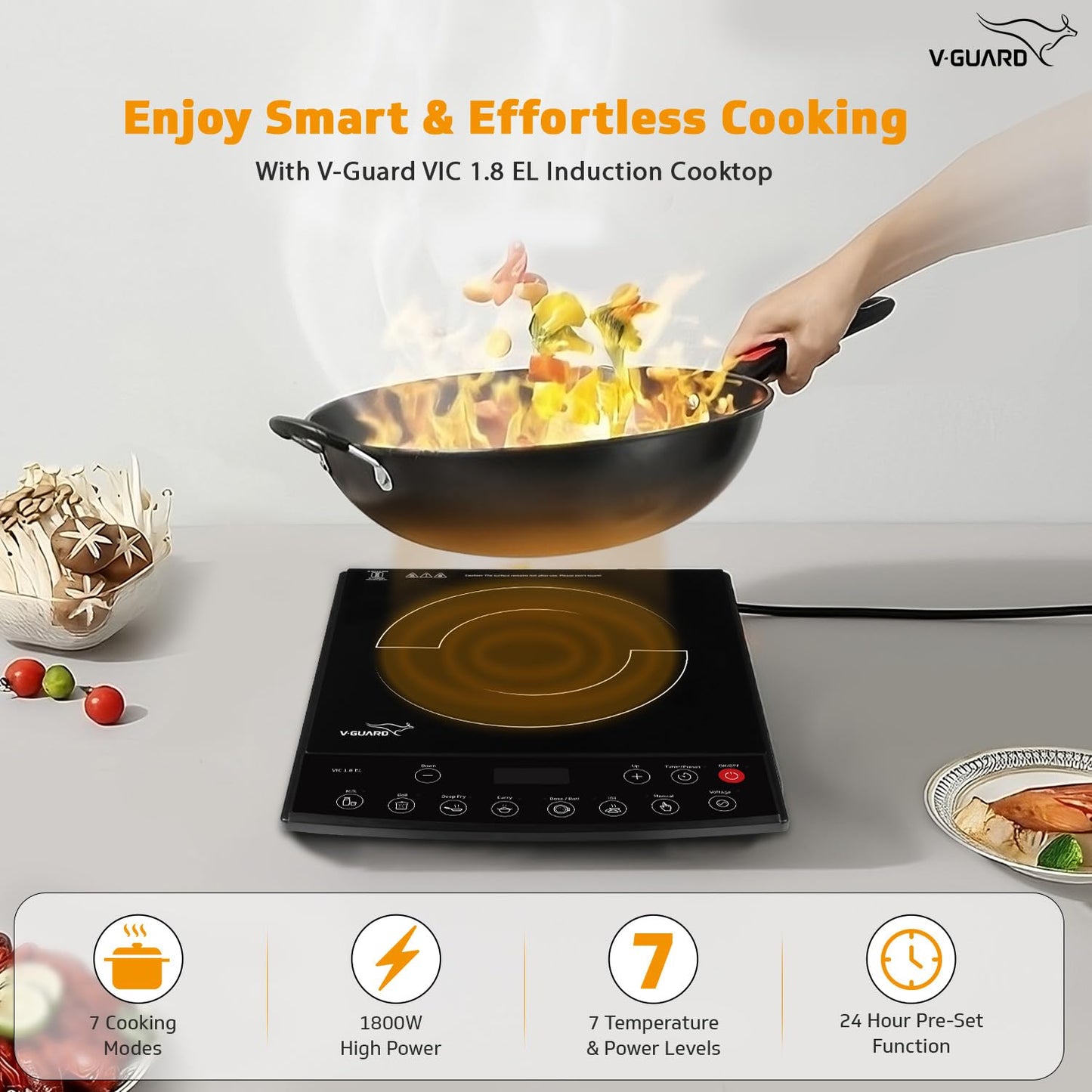 VIC 1.8 EL Induction Cooktop / 1800 Watt Electric Induction stove with 8 Power Levels |Temperature Control | Push button| Auto-cutoff | Elegant Crystal Glass Matte Finish | Fast Cooking