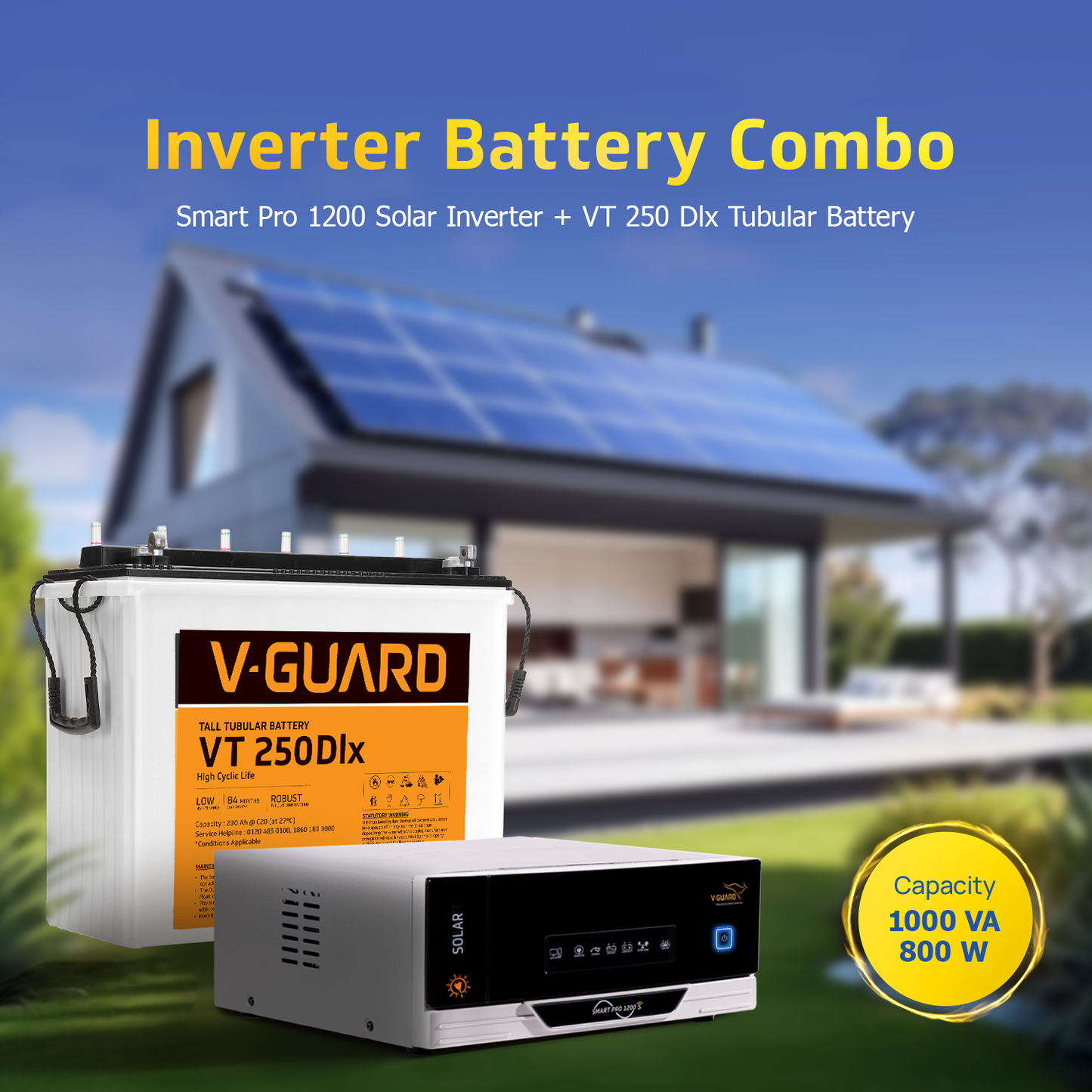 V-Guard Inverter & Battery Combo (Smart Pro 1200 S Inverter with VT 250 Dlx (230 Ah Tall Tubular Battery)) for Home, Office & Shops