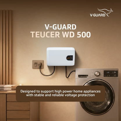 V-Guard Teucer WD 500 Stabilizer for High-Power Appliance Protection | LED Indicators | Suitable for Washing Machine, Microwave Oven, Dishwasher & Treadmill | 1 Year Warranty | White