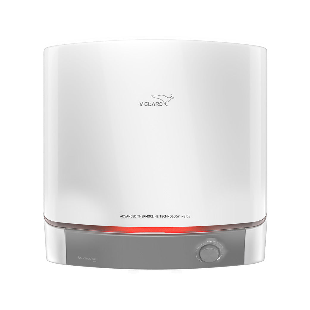 V-Guard Luxecube Avo Geyser 15 Ltr Water Heater | Up to 38% More Hot Water with Advanced Thermocline Technology | 5 Star Rating | 7 Year Tank Warranty from V-Guard | Luxe Glow Illumination | White