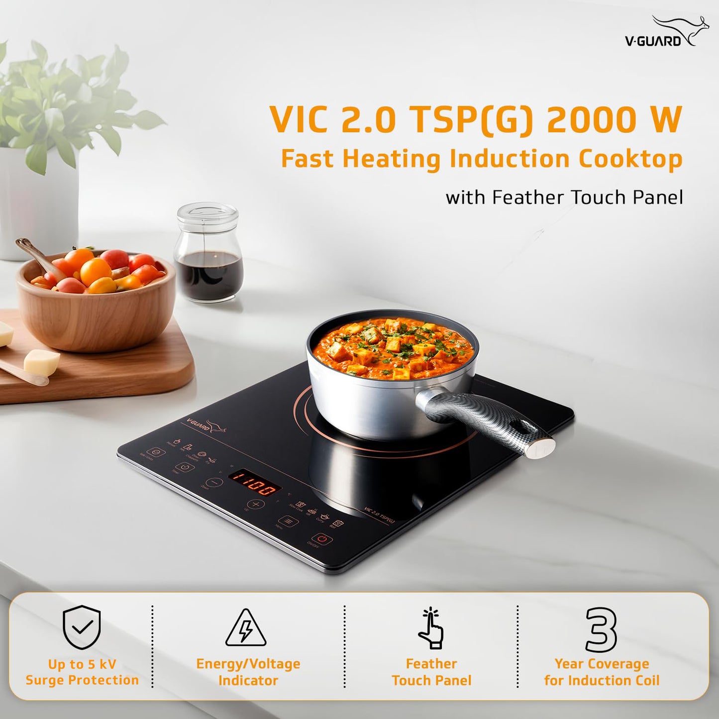 V-Guard VIC 2.0 TSP Induction Cooktop| 2000-Watt Electric Induction Stove with Up to 5 KV Surge Protection | 3-Year Coil Coverage by V-Guard | Touch Panel Control | Auto-Cut off with 10 Temperature Levels