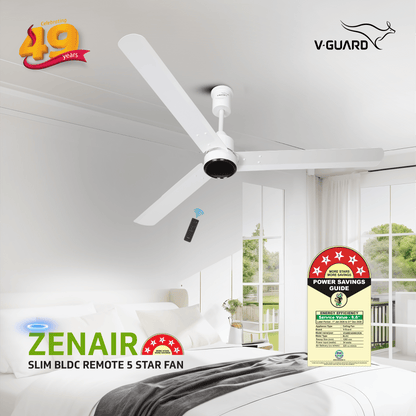 V-Guard Zenair BLDC Ceiling Fan for Home | 1.2 m | BEE 5-Star Energy Saving | High-Speed BLDC Motor (370 RPM) | Remote Control with 6 Speeds, Wind & Reverse Modes | 2-Year Warranty | White
