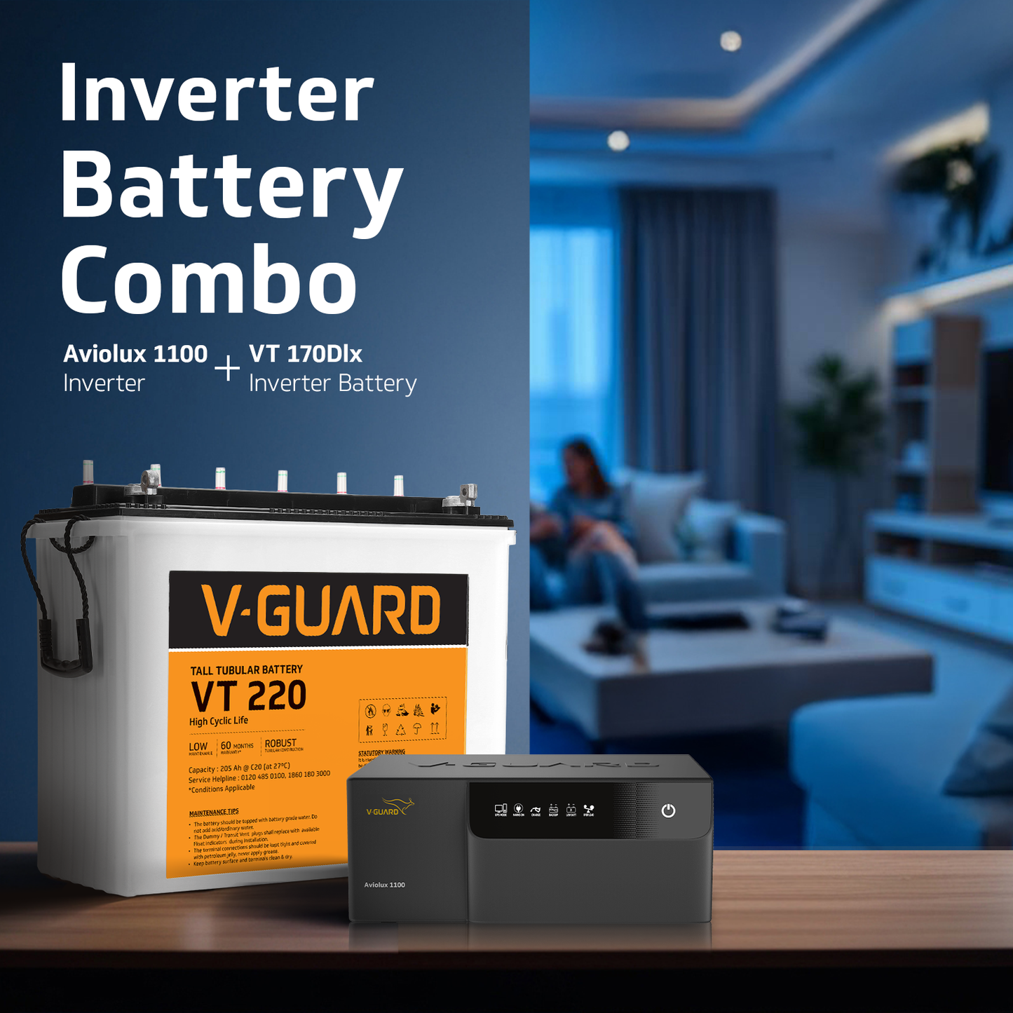 V-Guard Inverter & Battery Combo (Aviolux 1100 Inverter with VT 220 (205 Ah Tall Tubular Battery)) for Home, Office & Shops