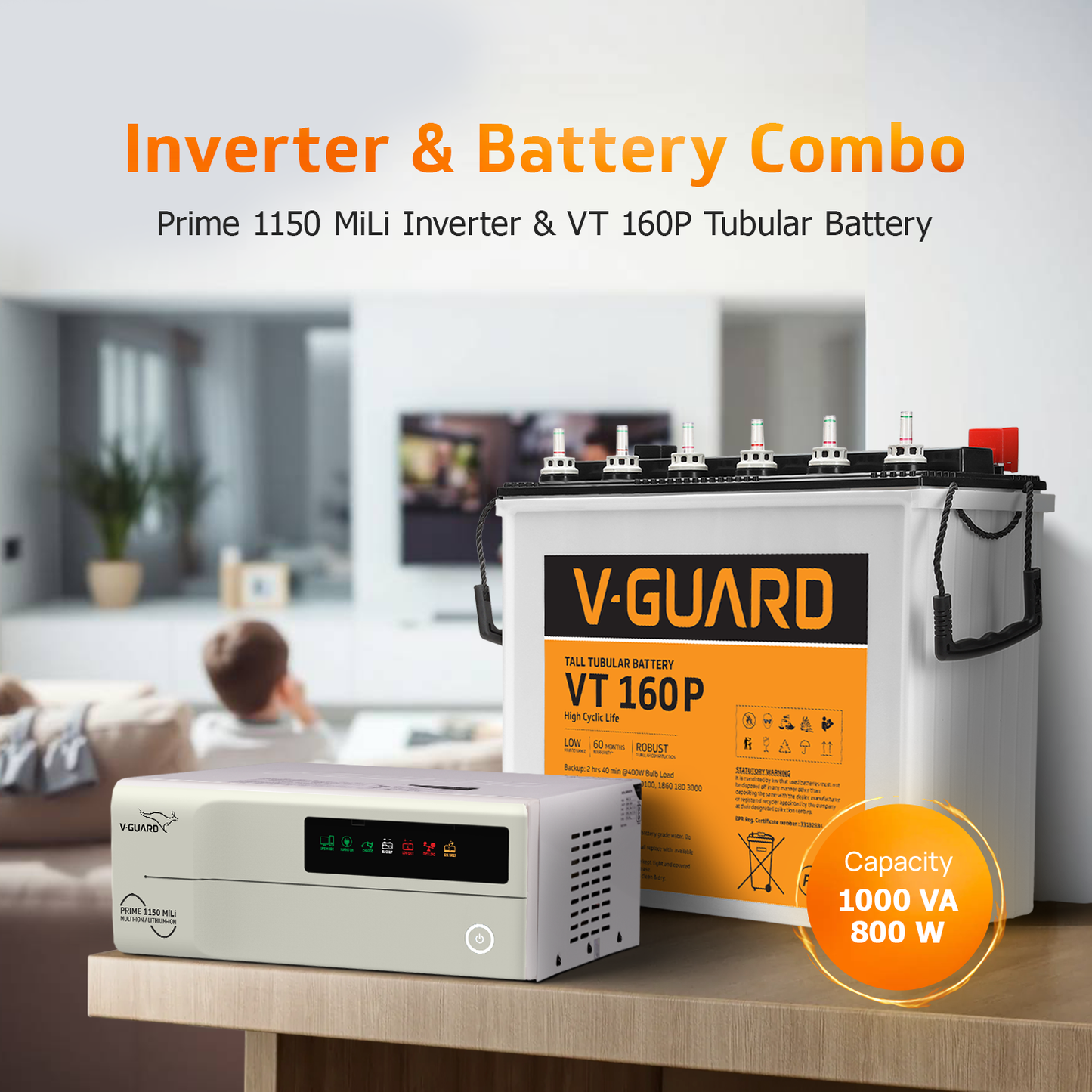 V-Guard Inverter & Battery Combo - Prime 1150 MiLi  Pure Sine Wave 1000VA/ 12V Inverter, VT 160 P (152Ah Tall Tubular Battery) for Home, Office & Shops
