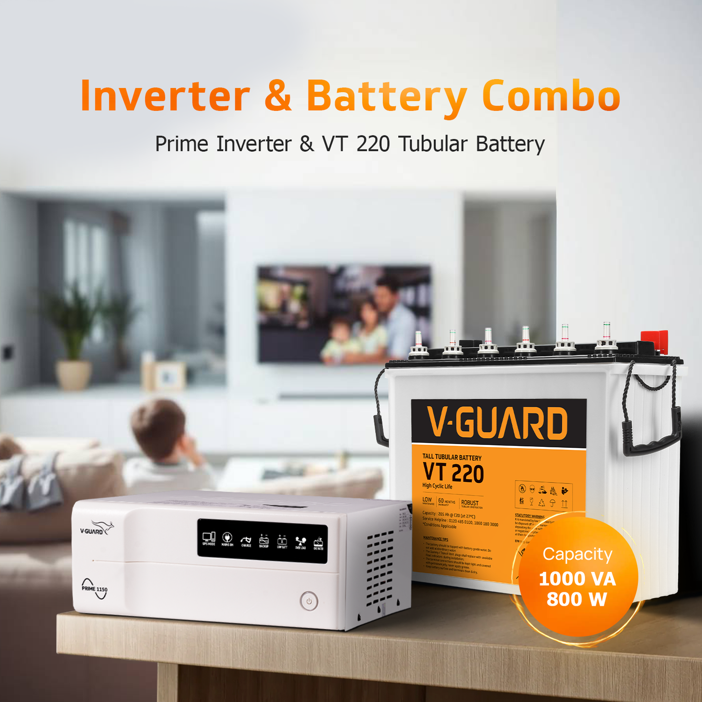 V-Guard Inverter & Battery Combo (1150 Pure Sine Wave 1000VA/12V Inverter, VT 220 (205 Ah Tall Tubular Battery) for Home, Office & Shops