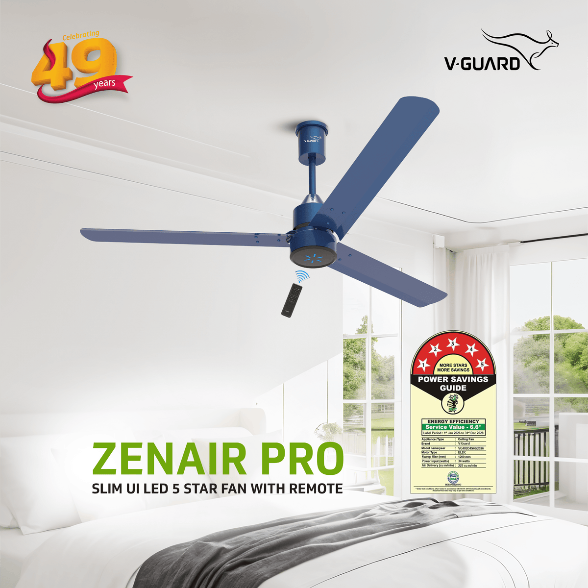 V-Guard Zenair Pro BLDC Ceiling Fan 1200 mm | BEE 5-Star Energy Saving | High-Speed BLDC Motor (370 RPM) | Remote Control with 6 Speeds, Wind & Reverse Modes |UI LED speed indicator|2-Year Warranty | Saphire Blue