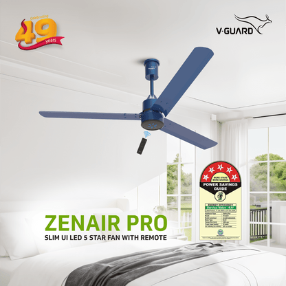 V-Guard Zenair Pro BLDC Ceiling Fan 1200 mm | BEE 5-Star Energy Saving | High-Speed BLDC Motor (370 RPM) | Remote Control with 6 Speeds, Wind & Reverse Modes |UI LED speed indicator|2-Year Warranty | Saphire Blue