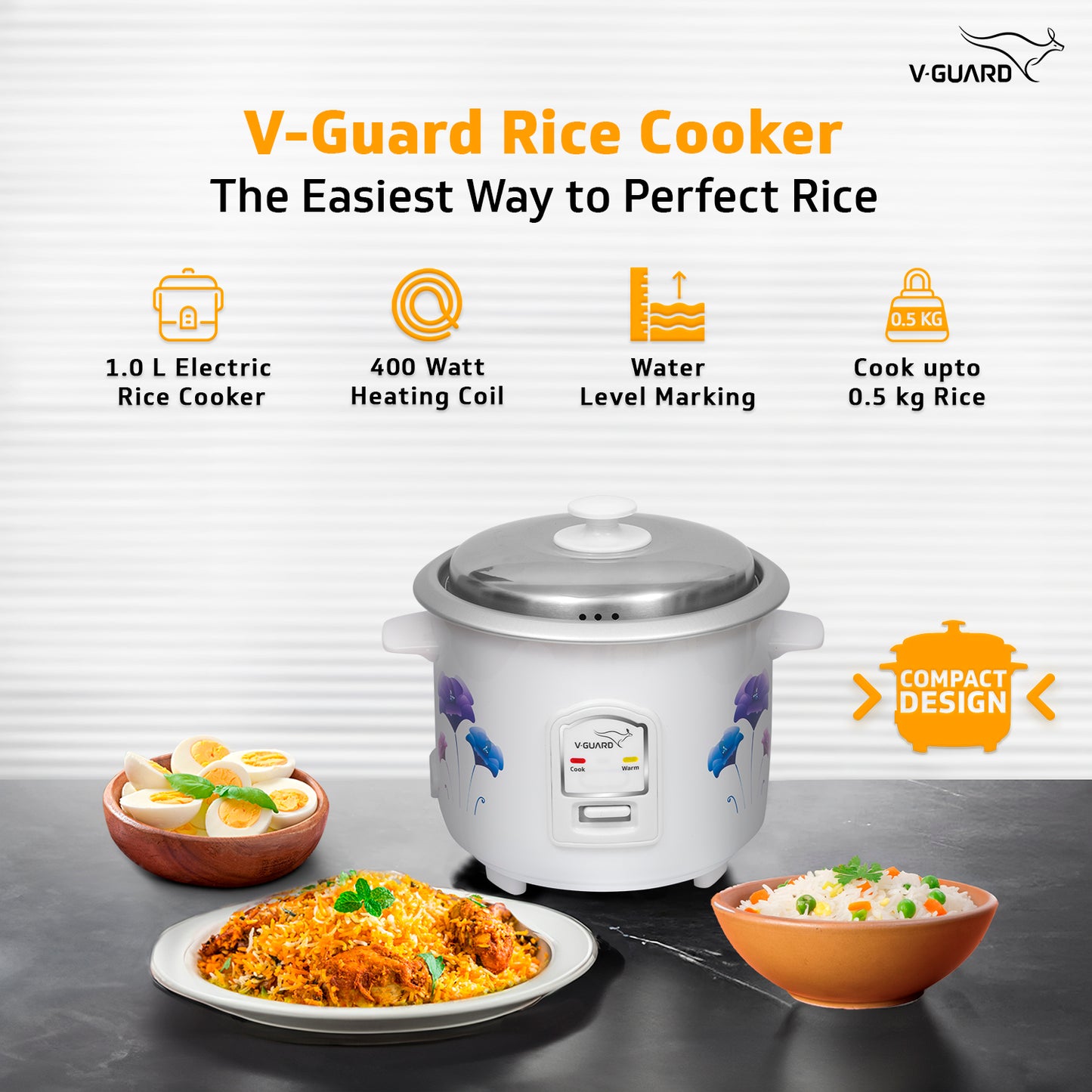 V-Guard VRC 1.0 C 1-Litre Electric Rice Cooker with 400 W Power, 2 Pots, Spatula, Rice Separator | 2-Year Product & 5-Year Heating Plate Coverage by V-Guard | Automatic Cooking with Double-Layer Body