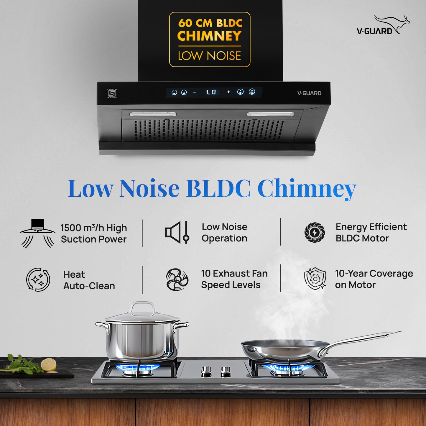 BT 60 | 60 cm BLDC Chimney | 1500 m³/hr suction | Low Noise Operation | Heat Auto Clean | 10 Year Motor Warranty | Touch Panel with Gesture Control