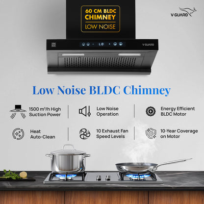 BT 60 | 60 cm BLDC Chimney | 1500 m³/hr suction | Low Noise Operation | Heat Auto Clean | 10 Year Motor Warranty | Touch Panel with Gesture Control