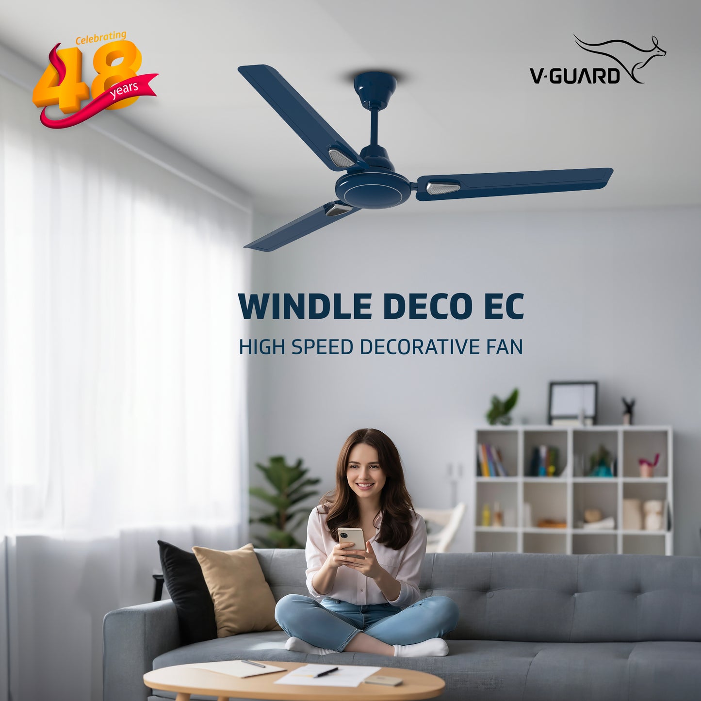 Windle Deco EC Modern Ceiling Fan For Home| High Speed Fan | Exquisite Detailing For Elevated Charm | Powder-Coated Glossy Finish | Admiral Blue | 1.2 meters