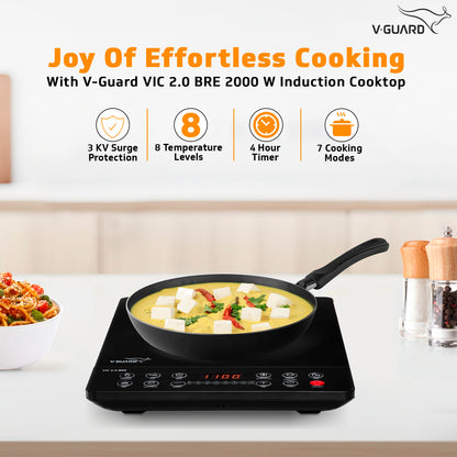 V-Guard VIC 2.0 BRE Induction Cooktop| 2000-Watt Electric Induction Stove with 3 KV Surge Protection | 3-Year Coil Coverage by V-Guard | Push Button Control | Auto-Cut off with 8 Temperature Levels