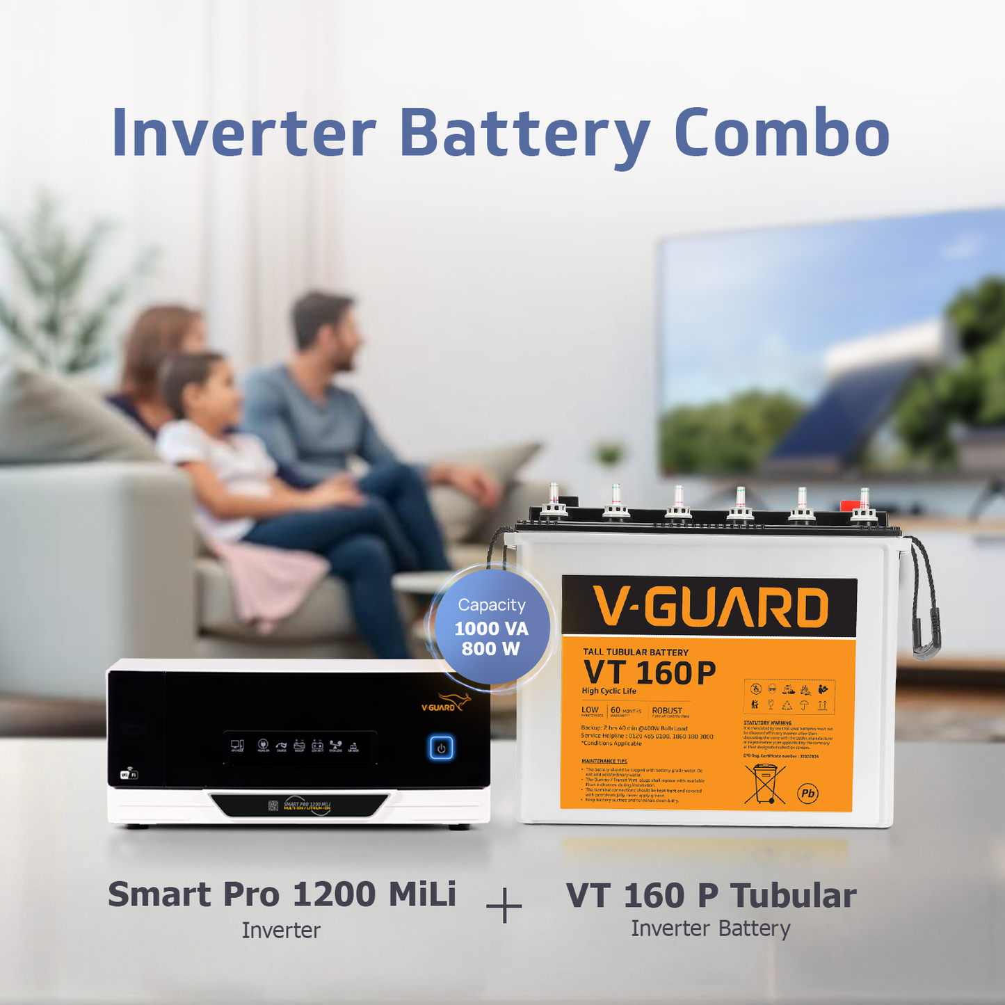 V-Guard Smart Inverter & Battery Combo (Smart Pro 1200 MiLi Digital Sine Inverter with VT 160P (152 Ah Tall Tubular Battery)) for Home, Office & Shops
