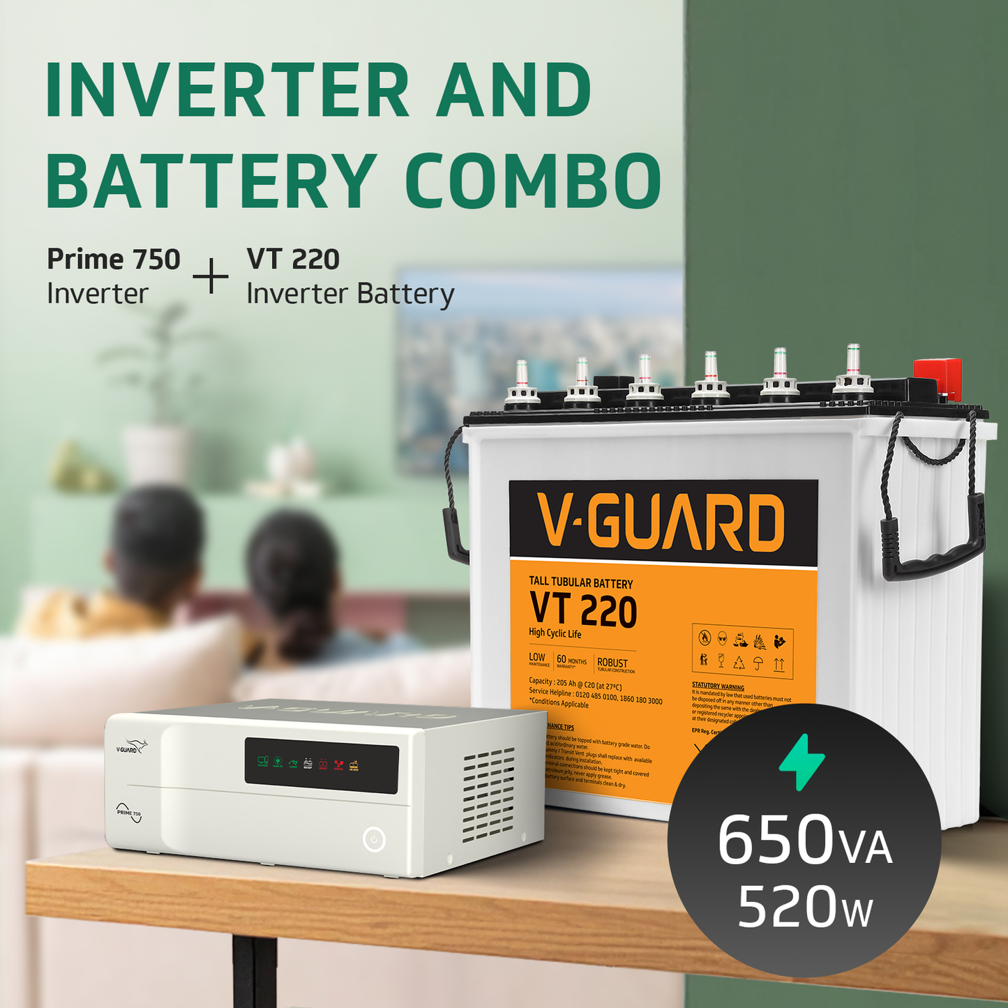 V-Guard Inverter & Battery Combo - 750 Pure Sine Wave 650VA/ 12V Inverter, VT 220 (205Ah Tall Tubular Battery) for Home, Office & Shops