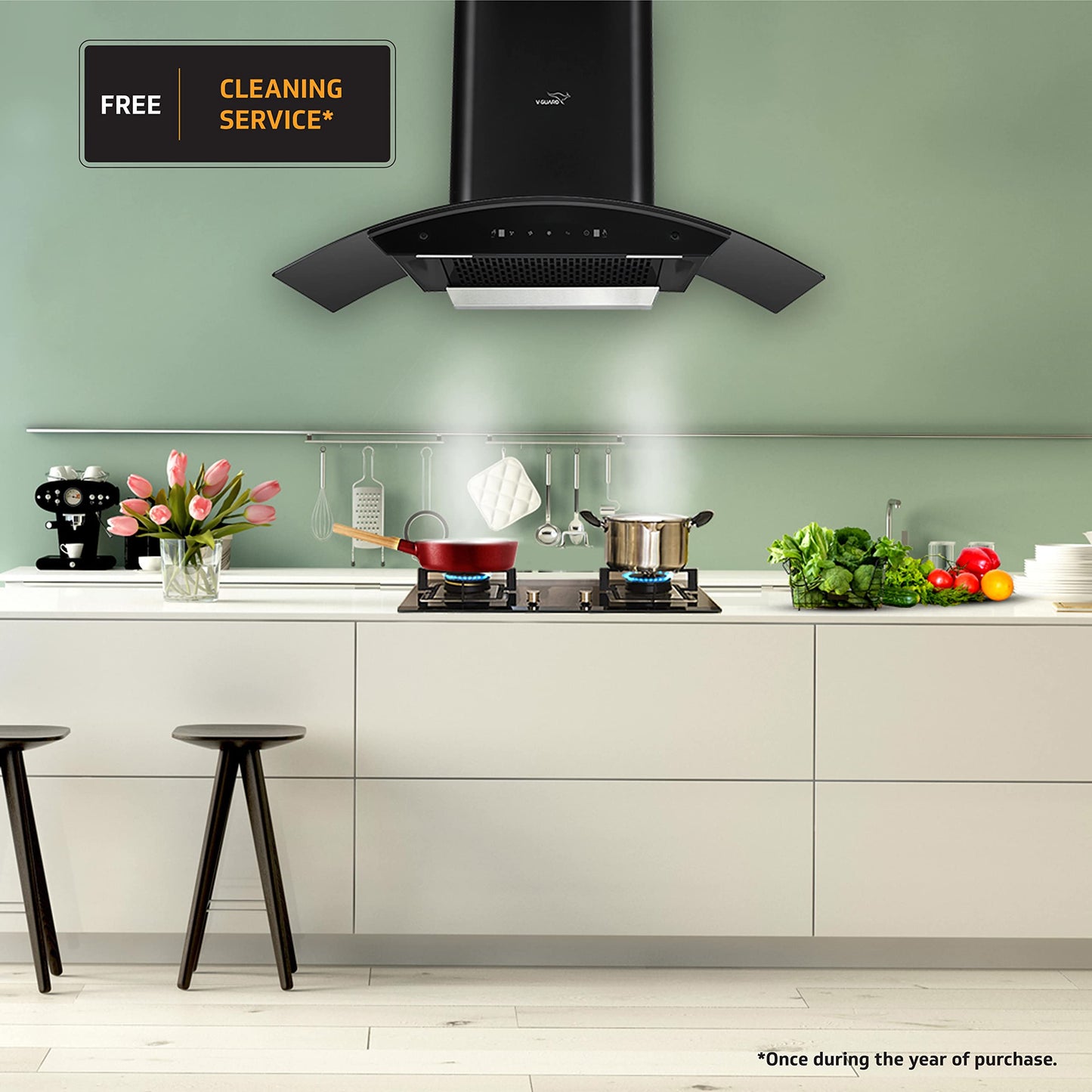 X20 BL180 Kitchen Chimney with 1350m³/hr Suction, Intelligent Auto Clean, Curved Glass, Baffle Filter, Motion Sensor Controls, Oil Collector Tray, LED Light (Black)
