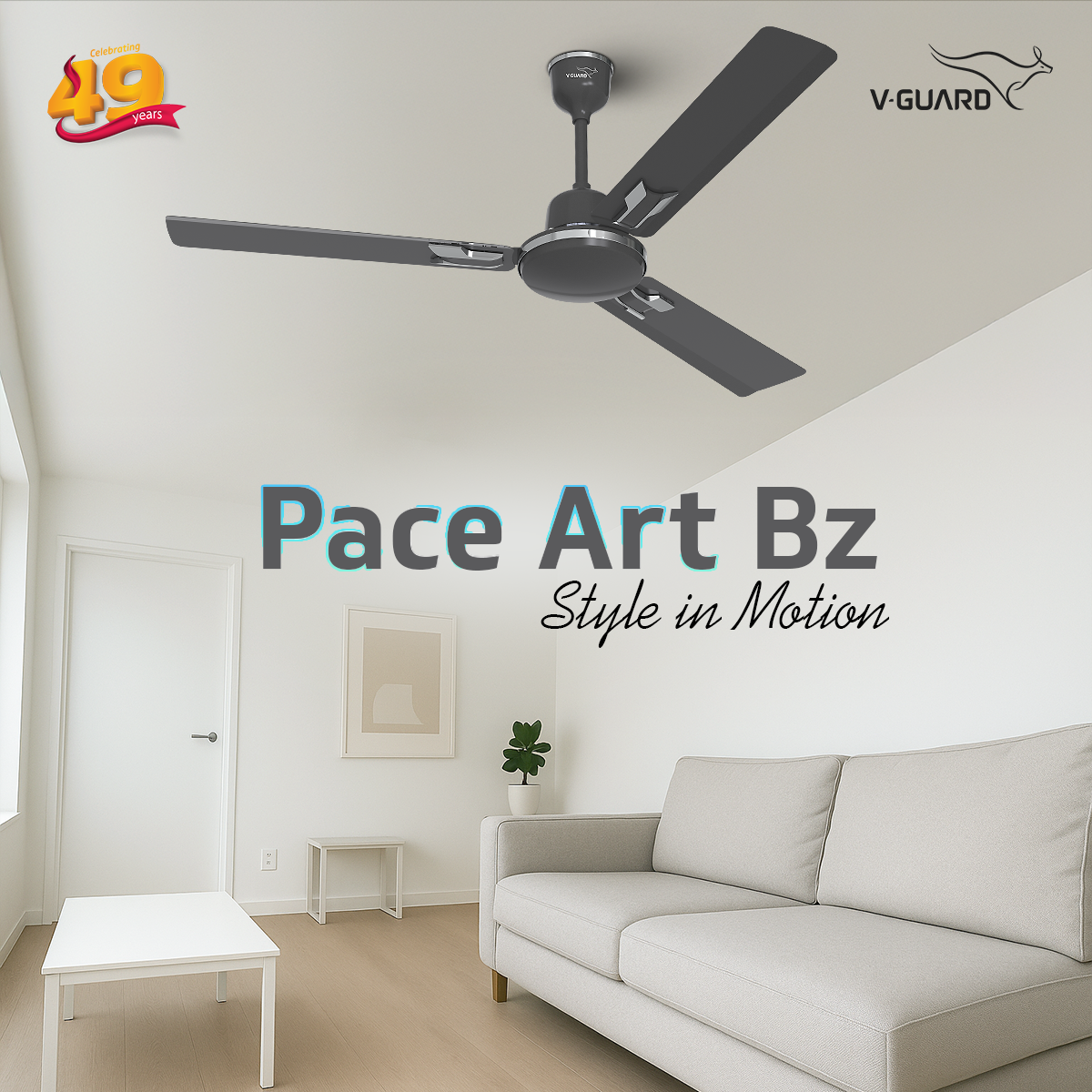 V-Guard Pace Art Bz Ceiling Fan for Home with Decorative Trims 1.2 M, Midnight Black