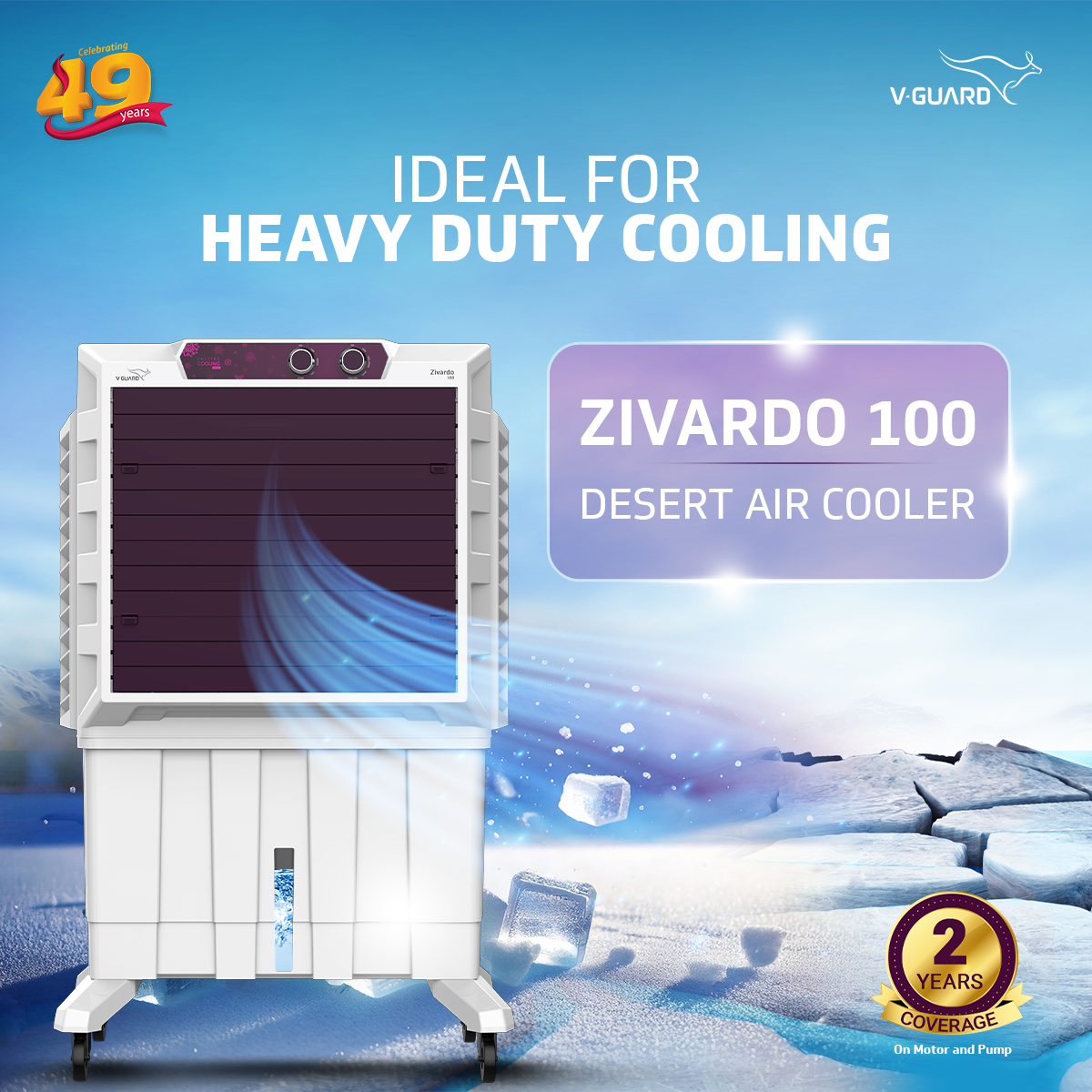 V-Guard Zivardo 100 Desert Air Cooler for Home | 100 Litre | 2 Years Warranty on Motor & Pump | White & Purple Burry