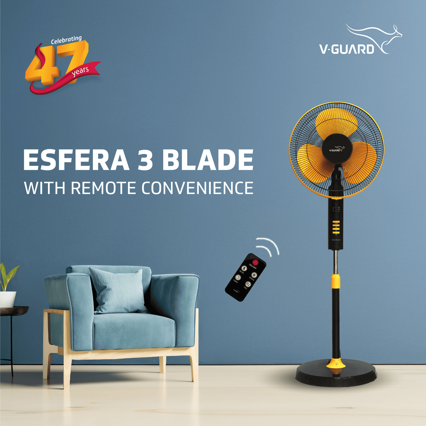 Esfera Pedestal Fan Remote Control, In-built 7.5 Hour Timer Functionality, 40 cm, Orange Black