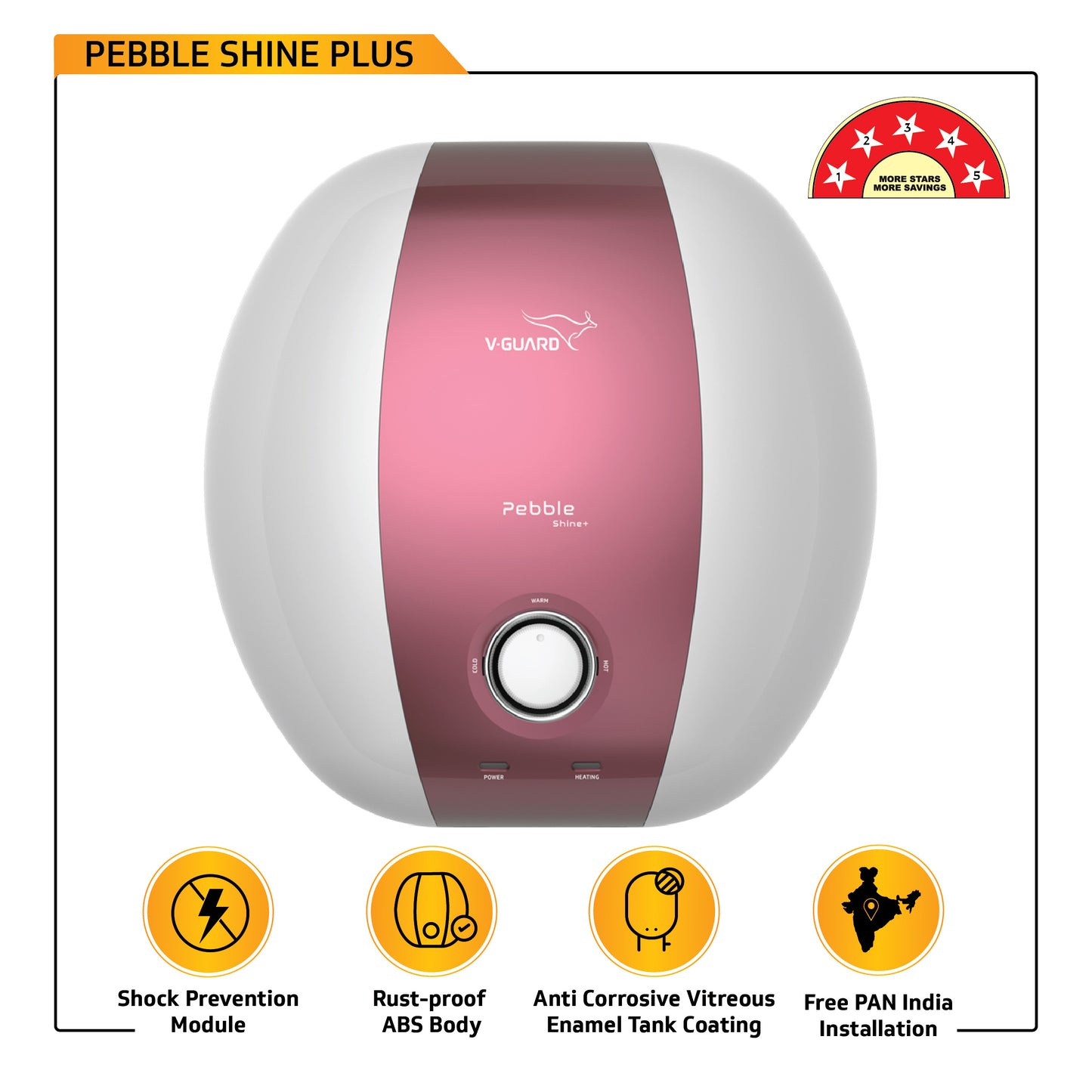 Pebble Shine Plus 25 L Water Heater with Rust Proof ABS Body and Safe Shock Module