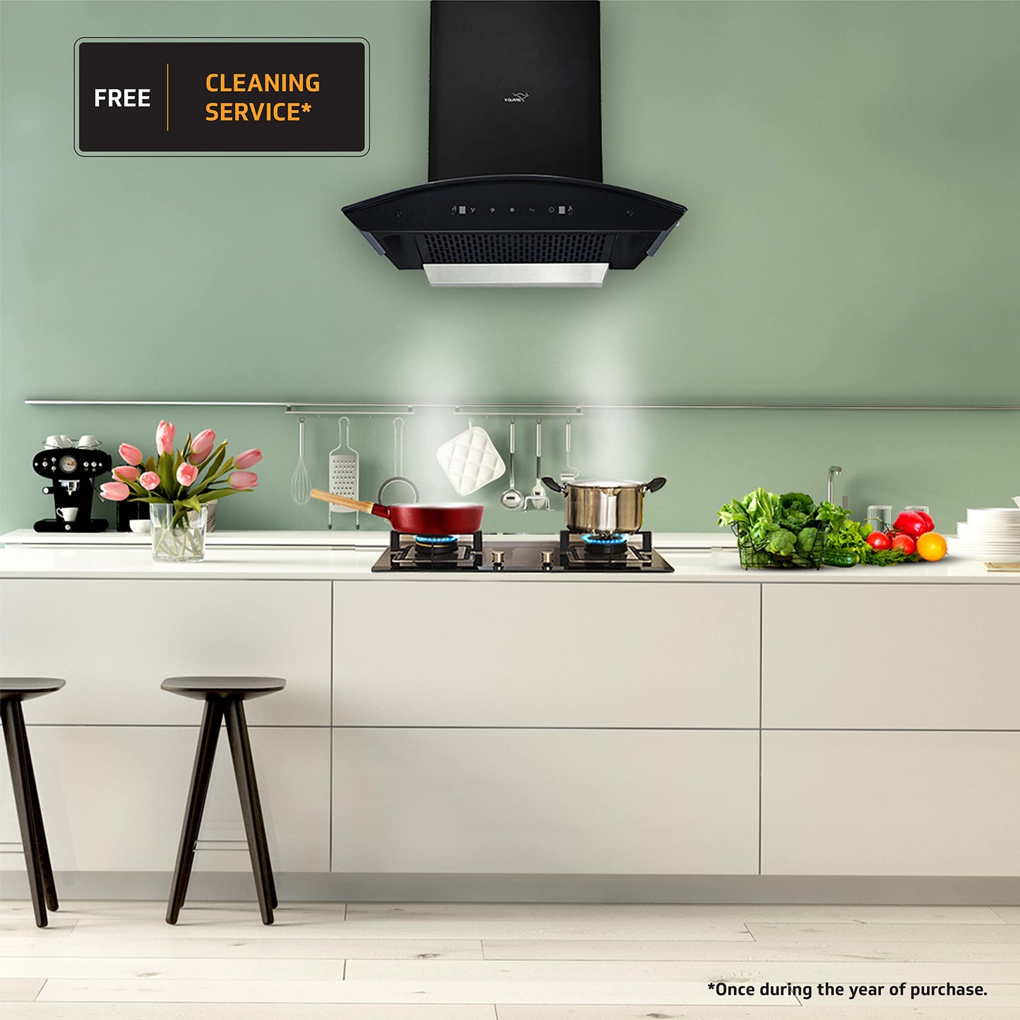 X10 BL180 Kitchen Chimney with 1350m³/hr Suction, Intelligent Auto Clean, Curved Glass, Baffle Filter, Motion Sensor Controls, Oil Collector Tray, LED Light (Black)