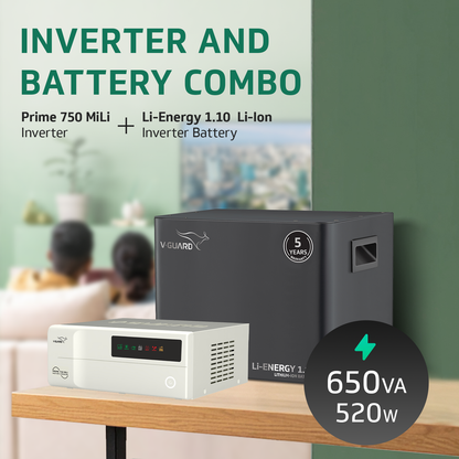 V-Guard Inverter & Battery Combo - Prime 750 MiLi Pure Sine Wave 650VA/ 12V Inverter, Li-Energy 1.10 (100 Ah) Li-Ion Battery for Home, Office & Shops