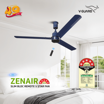 V-Guard Zenair BLDC Ceiling Fan for home | 1200 mm | BEE 5-Star Energy Saving | High-Speed BLDC Motor (370 RPM) | Remote Control with 6 Speeds, Wind & Reverse Modes | 2-Year Warranty | Admiral Blue