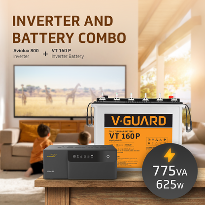 V-Guard Inverter & Battery Combo (Aviolux 800 Inverter with VT 160P (152 Ah Tall Tubular Battery)) for Home, Office & Shops