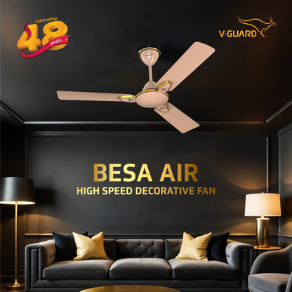 Besa Air Ceiling Fan For Home, High-Speed Copper Motor, Decorative Trims, 1.2 m, Rose Glow