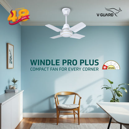 Windle Pro Plus High-Speed Ceiling Fan For Home | 100% Copper 830 RPM Motor | Powder-Coated Gloss Finish | 4 Blade Ceiling Fan | White | 60 cm