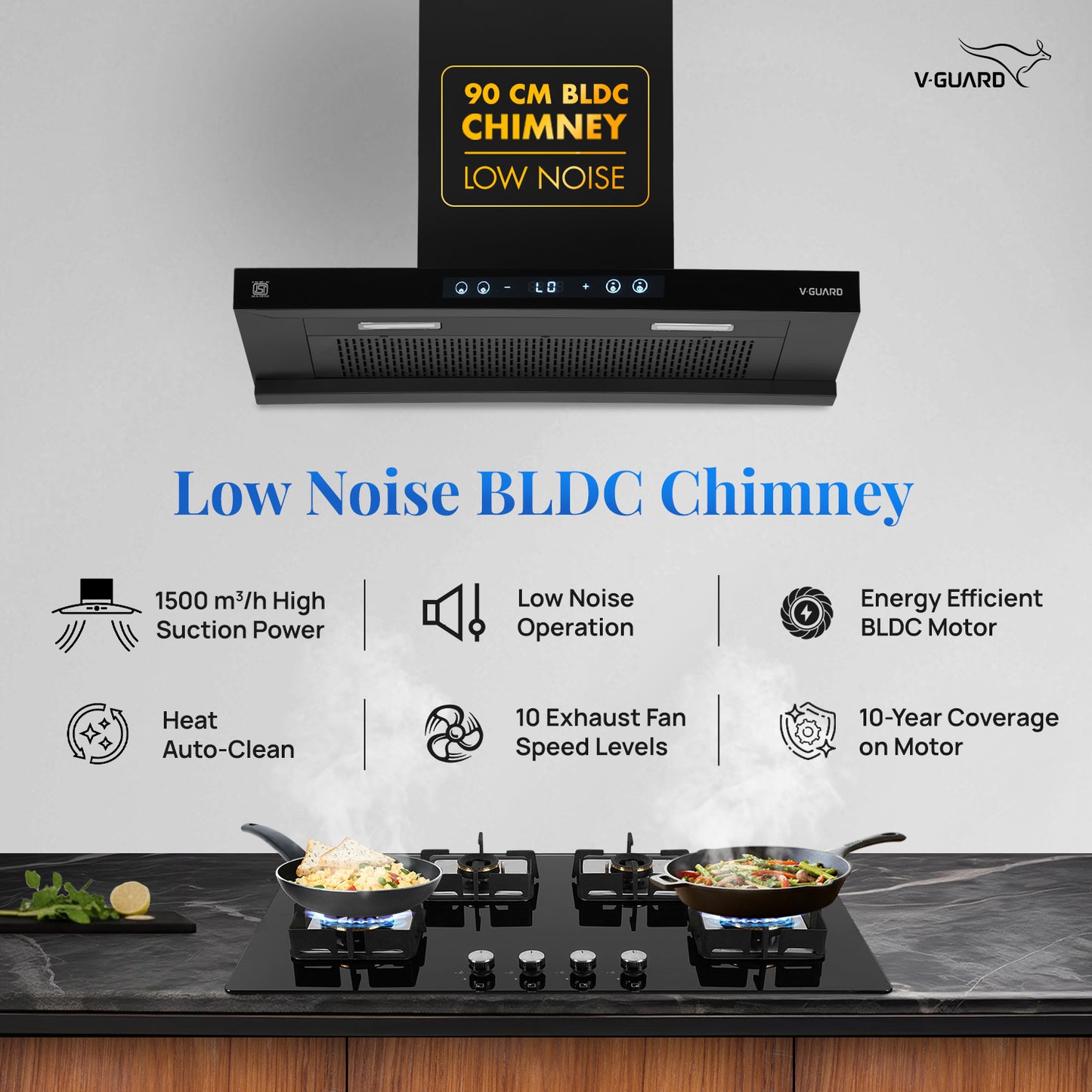 BT 90 | 90 cm BLDC Chimney | 1500 m³/hr suction | Low Noise Operation | Heat Auto Clean | 10 Year Motor Warranty | Touch Panel with Gesture Control