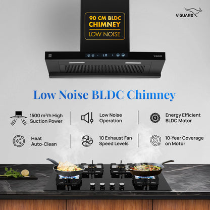 BT 90 | 90 cm BLDC Chimney | 1500 m³/hr suction | Low Noise Operation | Heat Auto Clean | 10 Year Motor Warranty | Touch Panel with Gesture Control