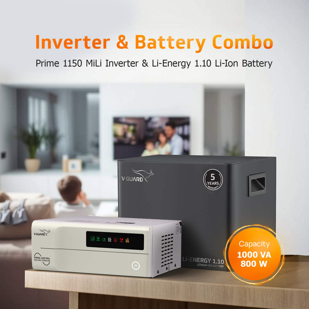 V-Guard Inverter & Battery Combo -Prime 1150  MiLi Pure Sine Wave 1000VA/ 12V Inverter, Li-Energy 1.10 100 Ah Li-Ion Battery for Home, Office & Shops