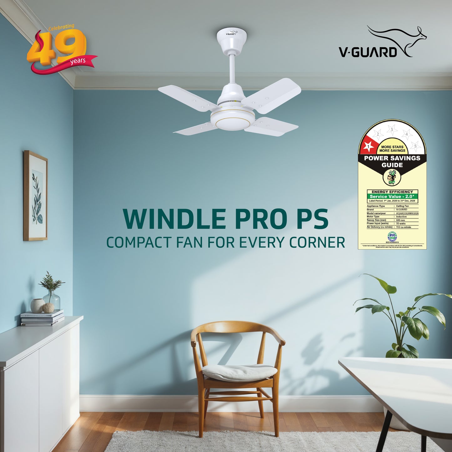 V-Guard Windle Pro Ps High Speed Ceiling Fan For Home | 830 RPM Motor | BEE 1 Star Rating | Glossy Finish | 4 Blade Ceiling Fan | 60 cm Sweep | White