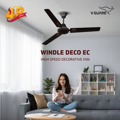 Windle Deco EC Modern Ceiling Fan For Home| High Speed Fan | Exquisite Detailing For Elevated Charm | Powder-Coated Glossy Finish | Matte Brown | 1.2 meters
