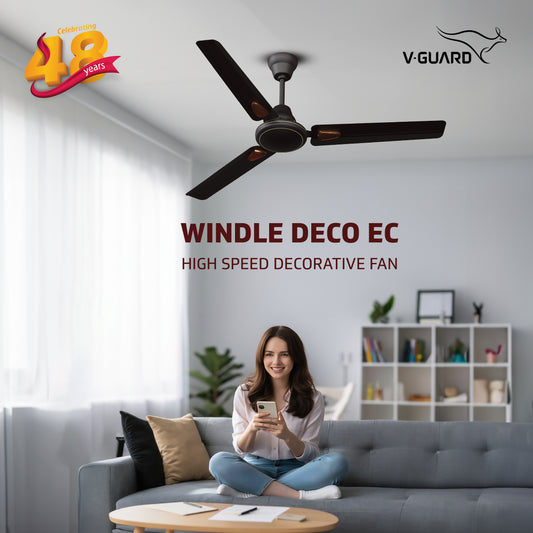 Windle Deco EC Modern Ceiling Fan For Home| High Speed Fan | Exquisite Detailing For Elevated Charm | Powder-Coated Glossy Finish | Matte Brown | 1.2 meters