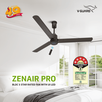 V-Guard Zenair Pro BLDC Ceiling Fan 1200 mm | BEE 5-Star Energy Saving | High-Speed BLDC Motor (370 RPM) | Remote Control with 6 Speeds, Wind & Reverse Modes |UI LED speed indicator | 2-Year Warranty | Matte Brown