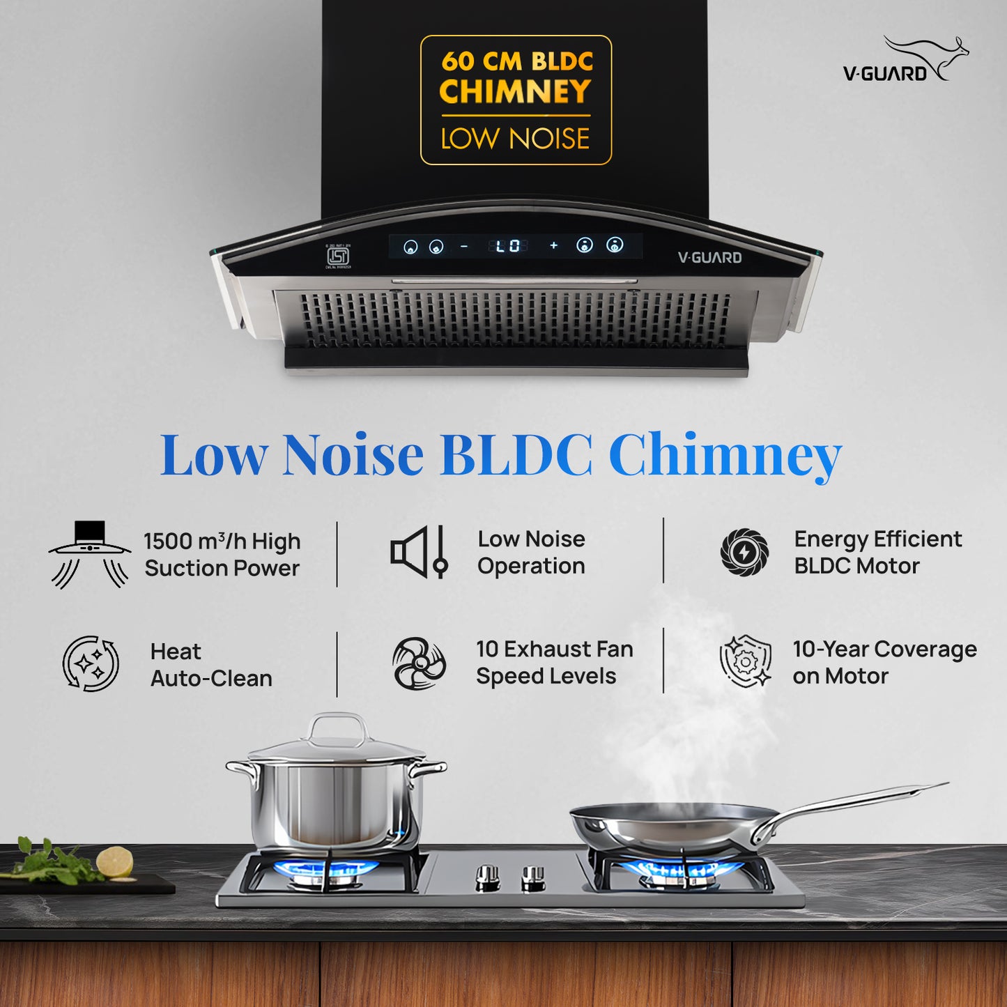 BX 60 | 60 cm BLDC Chimney | 1500 m³/hr suction | Low Noise Operation | Heat Auto Clean | 10 Year Motor Warranty | Touch Panel with Gesture Control