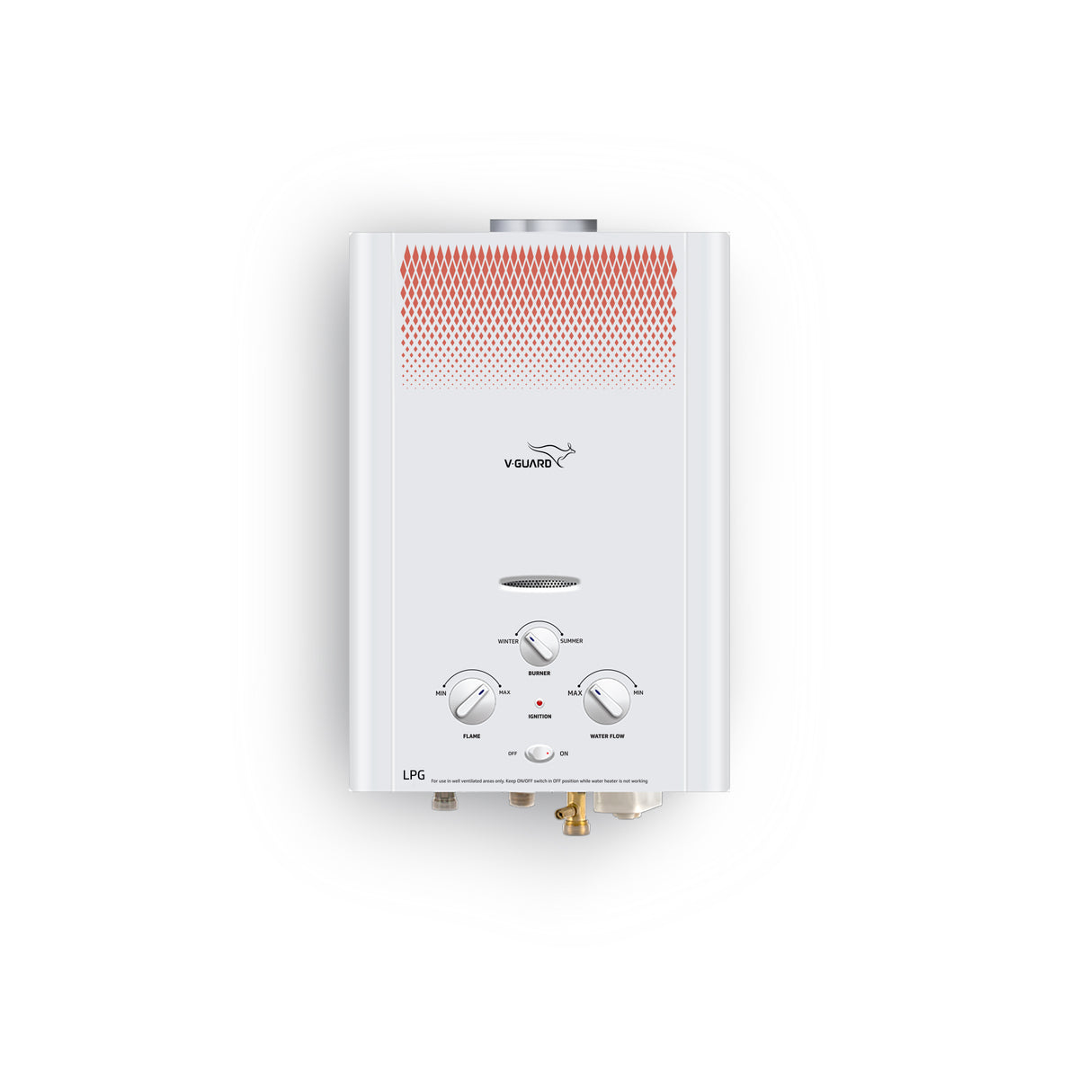 V-Guard Brio LPG Gas Geyser for Bathroom | 9-Layer Advanced Safety | Summer-Winter Mode | Flame & Water Control Knob | Suitable with LPG only | White
