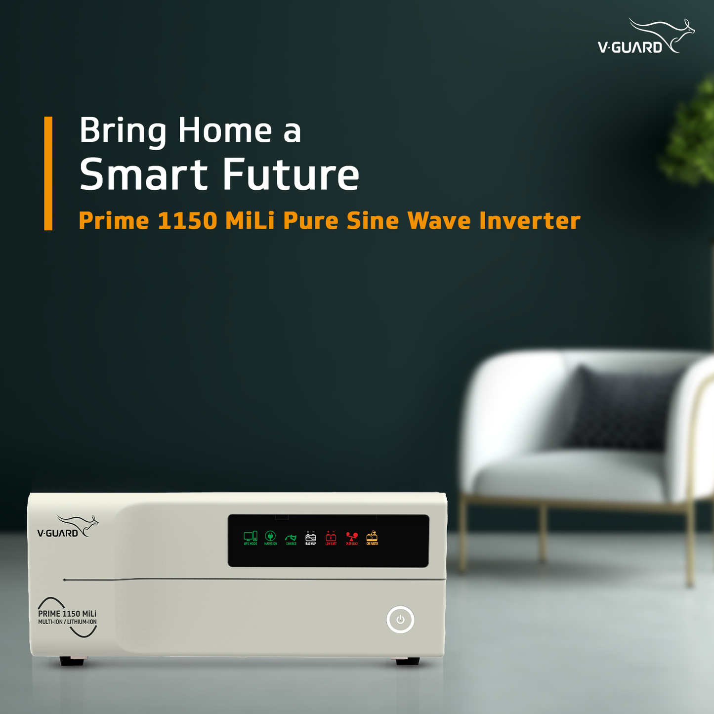 V-Guard Prime 1150 MiLi  Inverter for Home, Office & Shop | 1000VA / 12V Pure Sine Wave | Reliable Power Backup | LED Display | Easy Installation | 3-Year Warranty