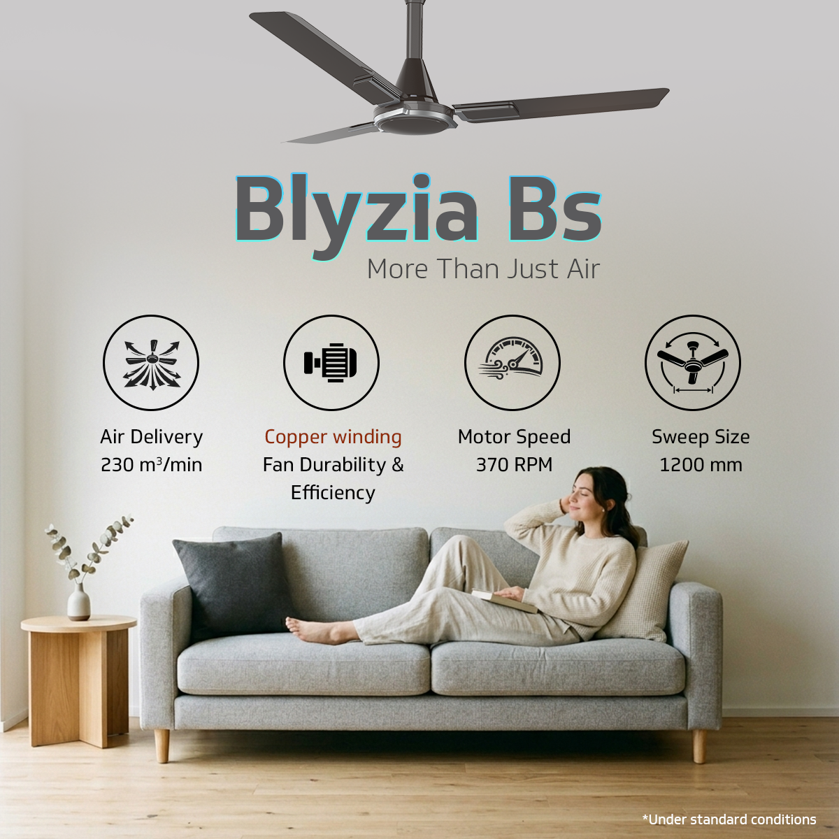 V Guard Blyzia Bs Ceiling Fan | Premium Decorative | Superior Aluminum Blades | 230 CMM Airflow | 370 RPM | Metallic Grey
