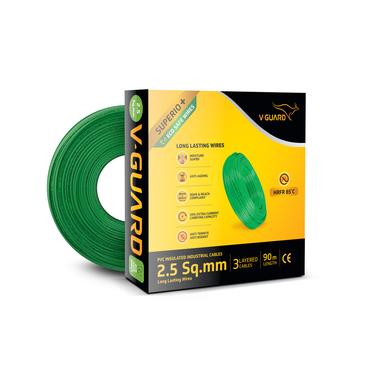 V-Guard Superio+ 2.5 sq mm Eco Safe Triple Layer HRFR PVC Wiring Cable, 90 m (Green)