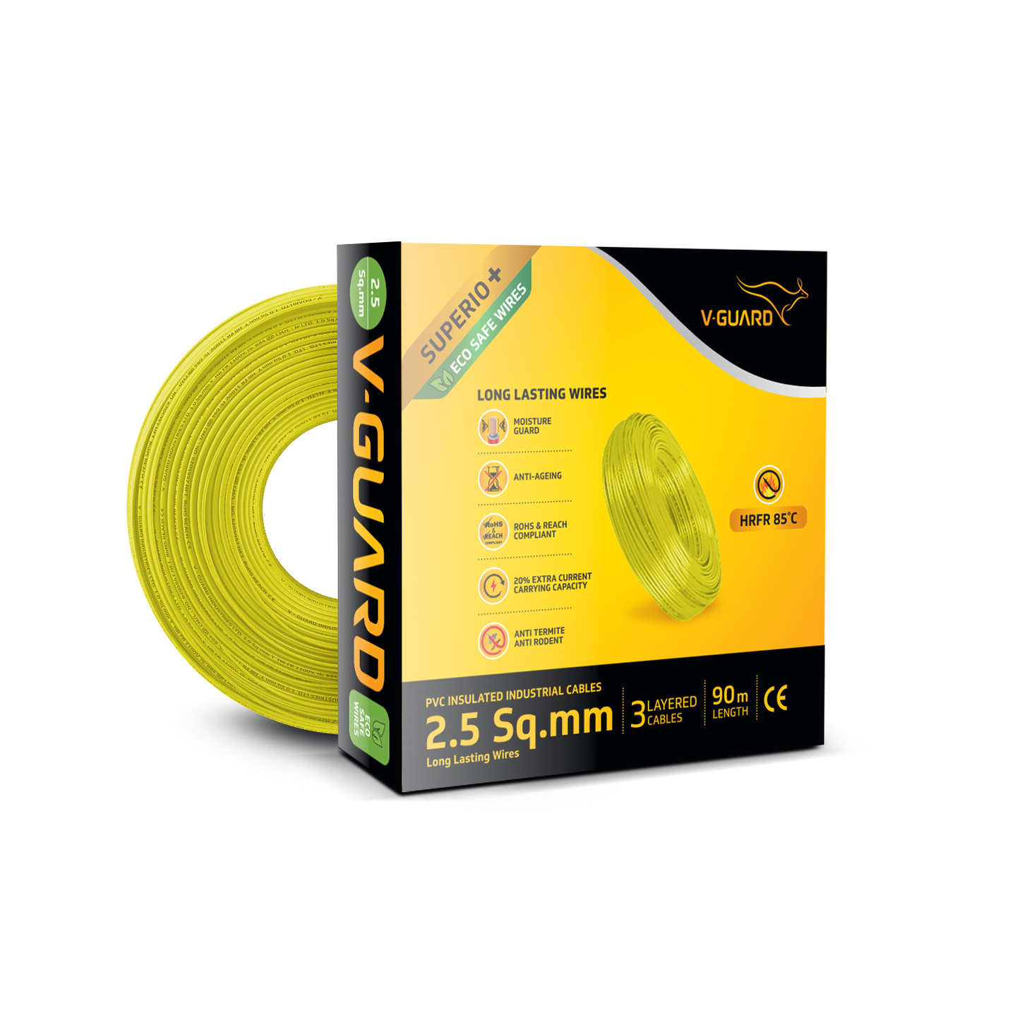 V-Guard Superio+ 2.5 sq mm Eco Safe Triple Layer HRFR PVC Wiring Cable, 90 m (Yellow)