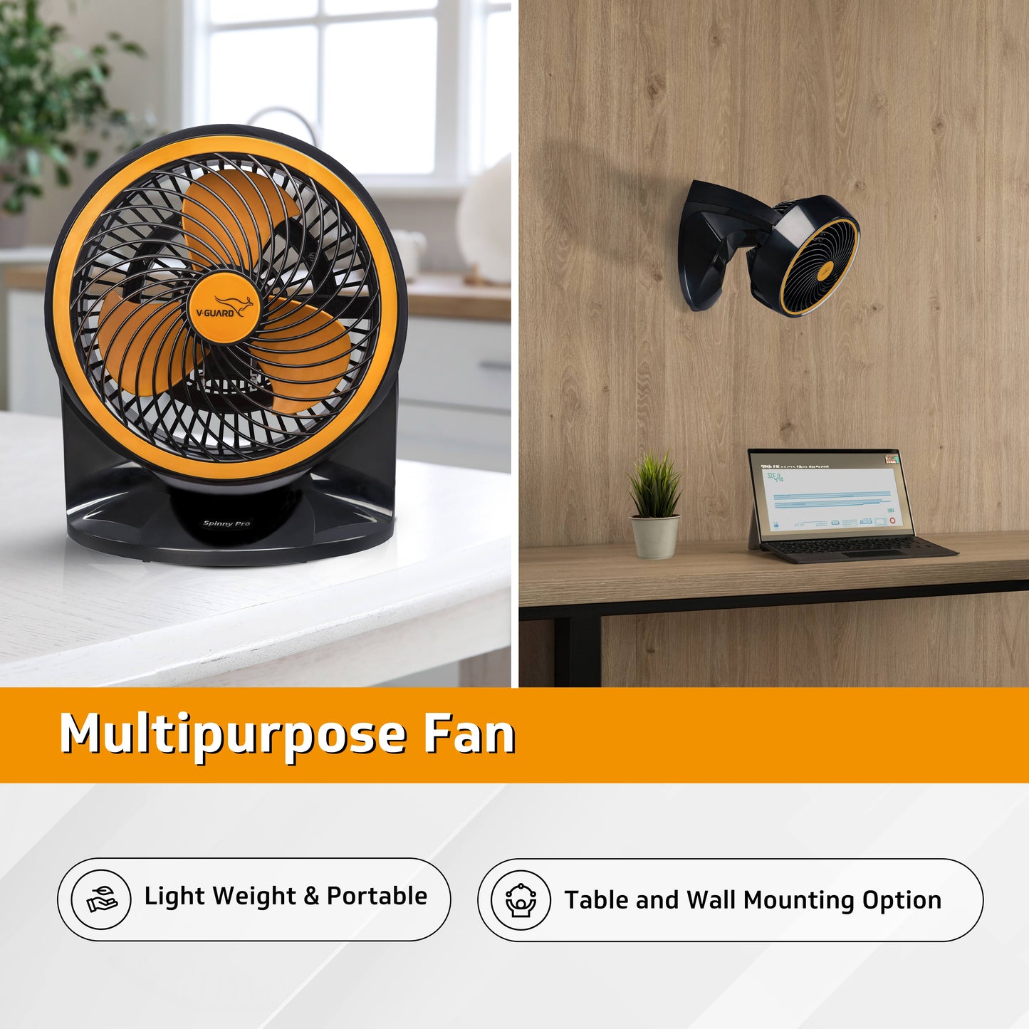 Spinny Pro multipuprose personal fan, table and wall mount, 2100 RPM, Orange Black