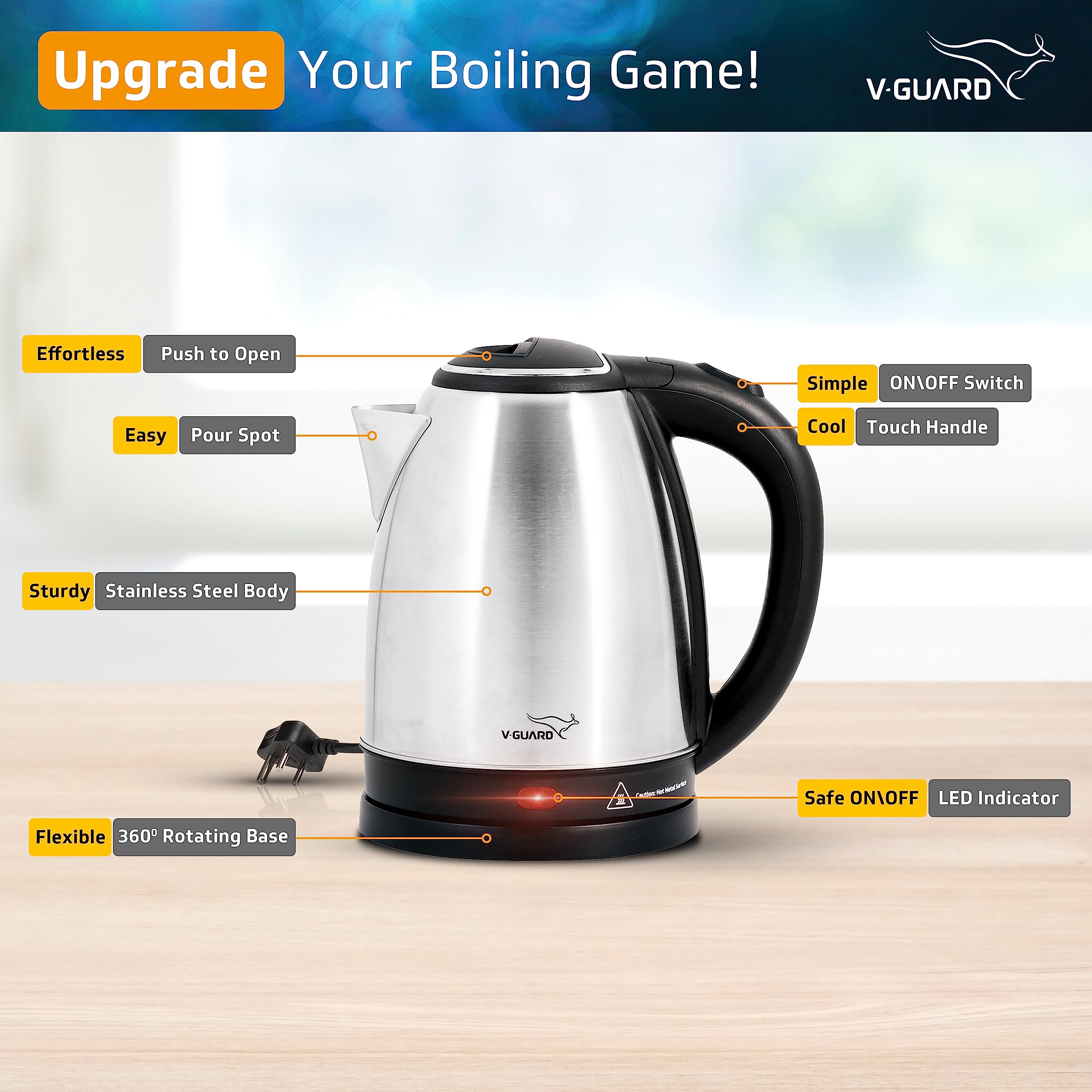 V Guard Industries Limited VKS17 Electric Kettle for hot water 1.7 Litre 1500 W Stainless Ste