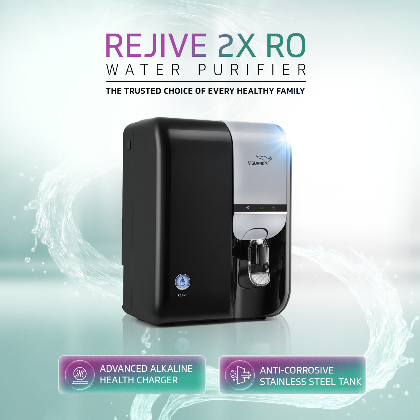 V-Guard Rejive 2X RO UF Alkaline Water Purifier with Stainless Steel Tank | No Service Cost for 2 Years: True Unconditional Warranty | 8 Stage RO+UF+3-in-1 Health Charger | Retains Minerals | 5.5 L