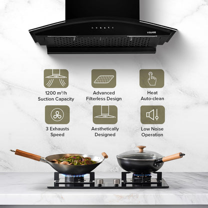 V-Guard Y10 Filterless Kitchen Chimney | 60 cm | 1200 m³/h High Suction Capacity | Heat Auto-Clean | Push-Button Control | 1-Year Comprehensive & 5-Year Motor Coverage