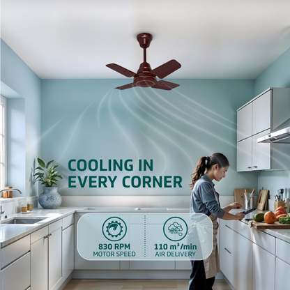 Windle Pro Plus High-Speed Ceiling Fan For Home | 100% Copper 830 RPM Motor | Powder-Coated Gloss Finish | 4 Blade Ceiling Fan | Cherry Brown | 60 cm