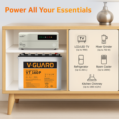 V-Guard Inverter & Battery Combo - Prime 1150 MiLi  Pure Sine Wave 1000VA/ 12V Inverter, VT 160 P (152Ah Tall Tubular Battery) for Home, Office & Shops